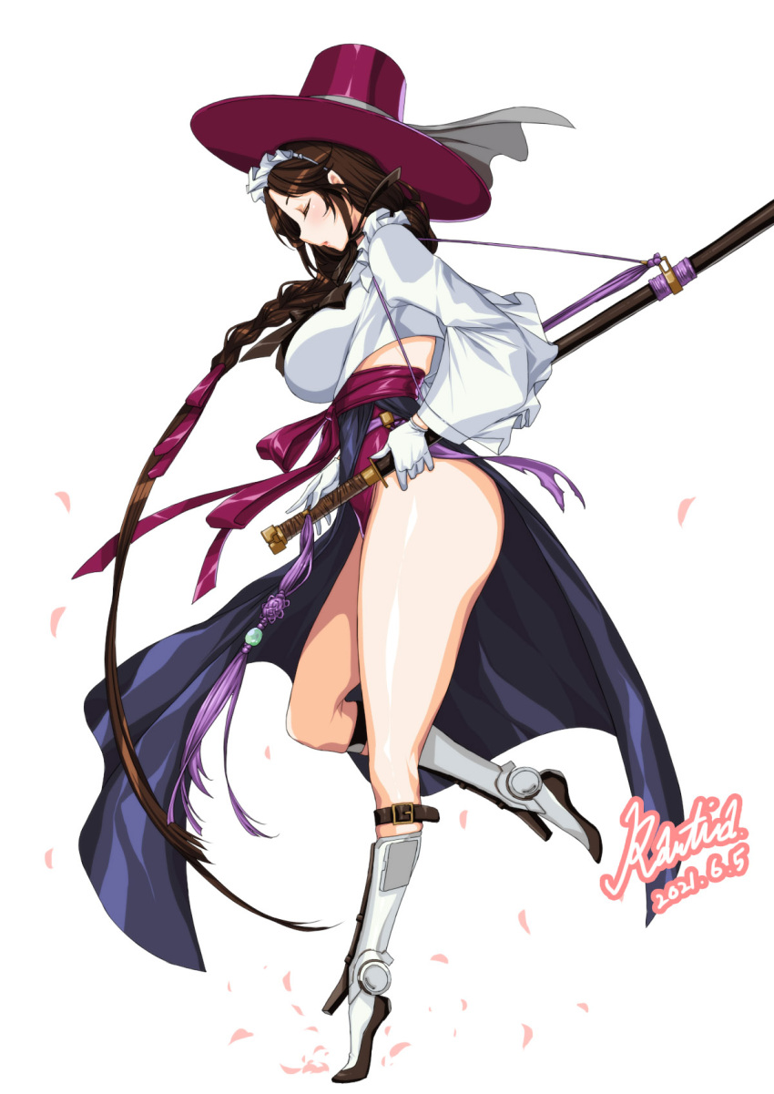 1girl ass braid breasts brown_hair cherry_blossoms closed_eyes commission dated full_body gat_(korean_traditional_hat) gloves hanbok highres keumran_s7 korean_clothes large_breasts last_origin long_hair maid maid_headdress rantia signature simple_background single_braid sword very_long_hair weapon white_background white_gloves