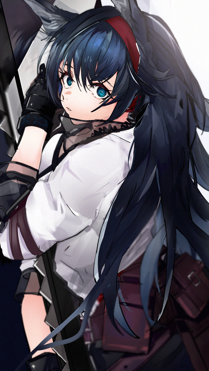 1girl animal_ears arknights bangs black_gloves black_hair blaze_(arknights) blue_eyes cat_ears cat_girl commentary_request from_behind gloves hairband highres holding holding_chainsaw holding_weapon jacket long_hair looking_at_viewer looking_back midu5 parted_lips pouch red_hairband short_sleeves sidelocks solo upper_body weapon white_jacket