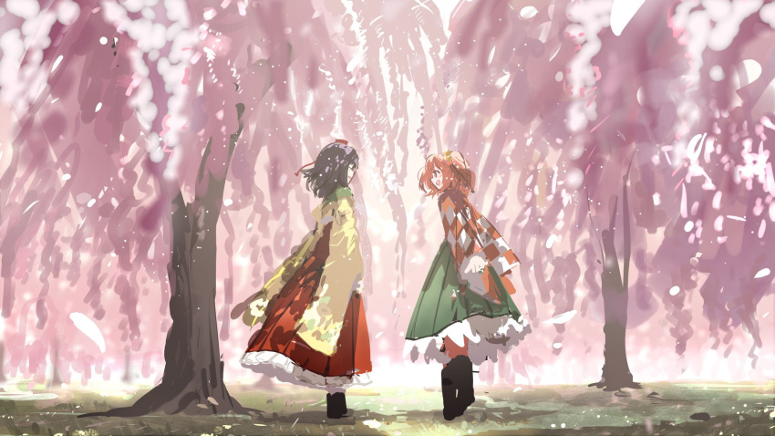 2girls ^_^ apron bangs bell boots checkered checkered_kimono checkered_shirt cherry_blossoms closed_eyes flower full_body hair_bell hair_flower hair_ornament hieda_no_akyuu highres japanese_clothes kimono long_sleeves medium_hair motoori_kosuzu multiple_girls nature open_mouth outdoors purple_hair red_eyes redhead shirt shoes short_hair skirt smile standing suna_(s73d) touhou tree twintails two_side_up