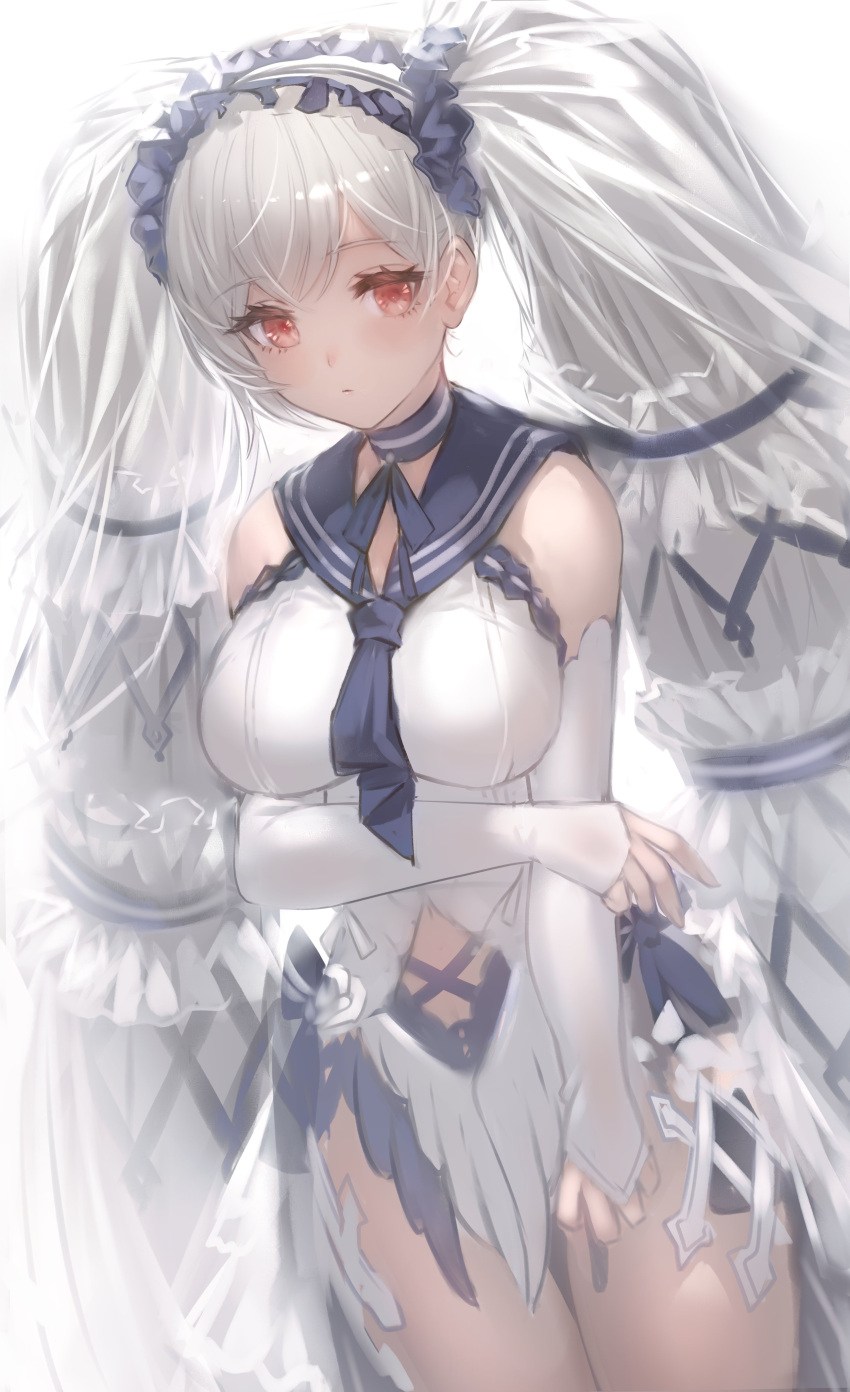 1girl absurdres azur_lane backlighting blue_choker blue_neckwear blue_ribbon blush breasts choker closed_mouth clothing_cutout commentary cowboy_shot detached_sleeves dress expressionless eyebrows_visible_through_hair eyelashes formidable_(azur_lane) formidable_(timeless_classics)_(azur_lane) frilled_hairband frills hair_ribbon hairband highres large_breasts long_hair looking_at_viewer makai_no_juumin navel_cutout neck_ribbon official_alternate_costume red_eyes ribbon sailor_collar see-through silver_hair simple_background solo thighs twintails veil very_long_hair white_background white_dress