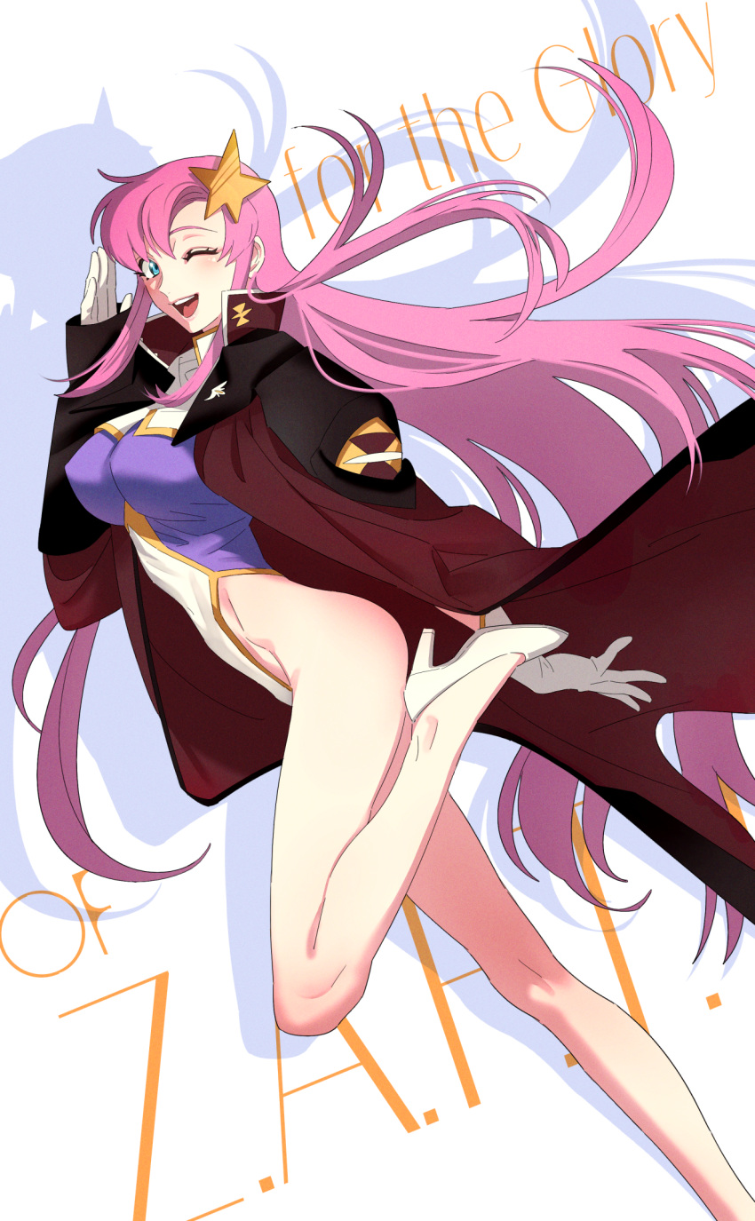 1girl ;d bangs blue_eyes breasts coat from_side gloves gundam gundam_seed gundam_seed_destiny hair_between_eyes hair_ornament high_heels highleg highleg_leotard highres large_breasts leg_up leotard long_hair long_sleeves meer_campbell nito_minatsuki one_eye_closed open_clothes open_coat open_mouth pink_hair pumps red_coat smile solo star_(symbol) star_hair_ornament very_long_hair white_background white_footwear white_gloves