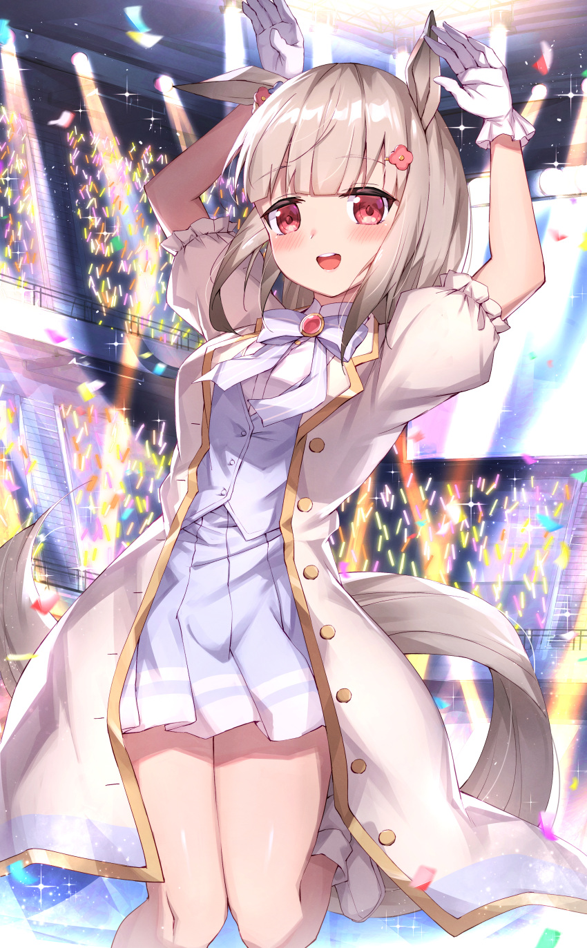 1girl :d absurdres animal_ears arms_up blue_bow blue_skirt blue_vest blush boots bow brooch brown_hair collared_shirt commentary_request confetti flower gloves glowstick hair_flower hair_ornament happy_meek_(umamusume) highres horse_ears horse_girl horse_tail huge_filesize jacket jewelry looking_at_viewer masaki_(msk064) open_clothes open_jacket open_mouth pleated_skirt puffy_short_sleeves puffy_sleeves red_eyes red_flower round_teeth shirt short_sleeves skirt smile solo sparkle standing standing_on_one_leg striped striped_bow tail teeth umamusume upper_teeth vest white_footwear white_gloves white_jacket white_shirt