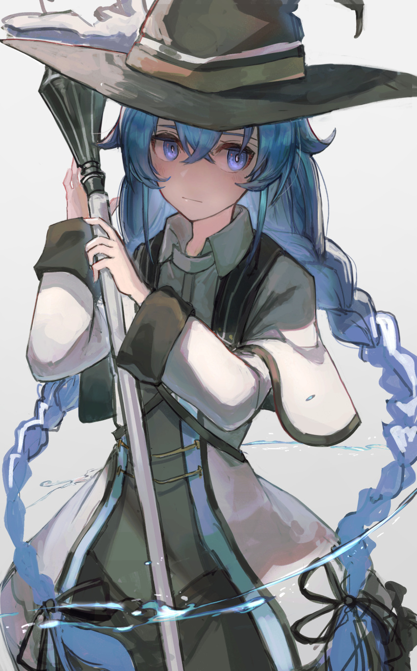 1girl absurdres bangs blue_eyes blue_hair bow braid closed_mouth collared_shirt crossed_bangs hair_bow hands_up hat highres holding holding_staff kyara-suro long_hair long_sleeves looking_at_viewer mushoku_tensei roxy_migurdia shirt sidelocks solo staff standing twin_braids twintails upper_body water white_background witch_hat