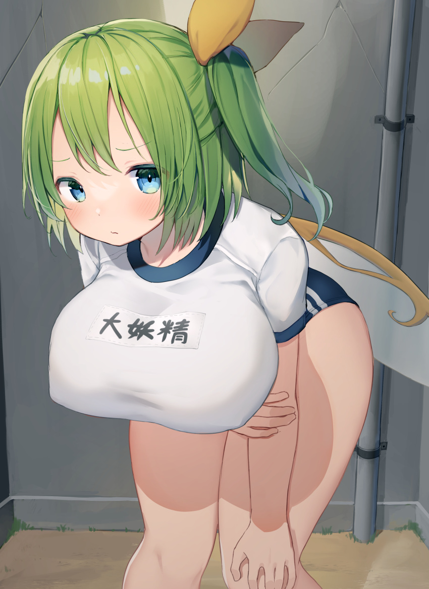 1girl :/ absurdres alternate_breast_size alternate_costume arm_under_breasts bad_anatomy blue_buruma blue_eyes blush breasts buruma closed_mouth commentary_request covered_nipples cracked_wall curvy daiyousei fairy_wings feet_out_of_frame green_hair gym_uniform hair_ribbon highres indoors large_breasts leaning_forward looking_at_viewer mamemochi one_side_up ribbon shirt short_hair short_sleeves solo standing touhou white_shirt wings yellow_ribbon