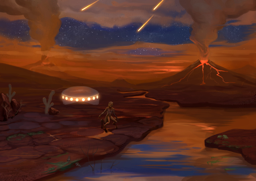 absurdres clouds commission commissioner_upload english_commentary eruption highres huge_filesize landscape molten_rock original photoshop_(medium) plant prehistoric prehistoric_animal prehistory river scenery sky star_(sky) starry_sky trilobite tychytamara volcanic_ash volcano