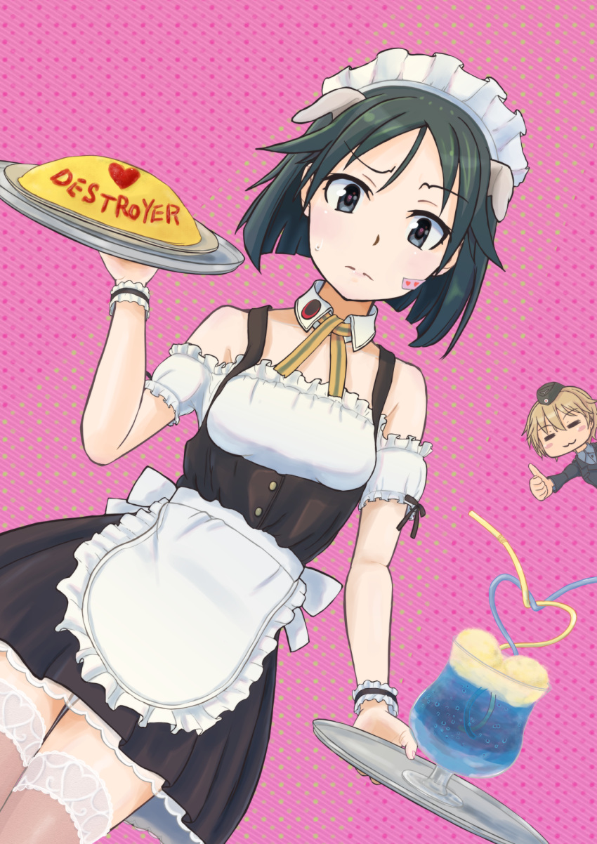 2girls :3 alternate_costume bare_shoulders black_hair black_legwear blue_eyes blush brave_witches breasts closed_mouth crazy_straw drink drinking_straw enmaided food frills hat heart heart-shaped_pupils heart_straw highres kanno_naoe keicha_(kmoekaki) looking_at_viewer maid maid_headdress military military_hat military_uniform multiple_girls polka_dot polka_dot_background shiny shiny_hair short_hair simple_background small_breasts smile symbol-shaped_pupils thigh-highs thumbs_up uniform waltrud_krupinski world_witches_series