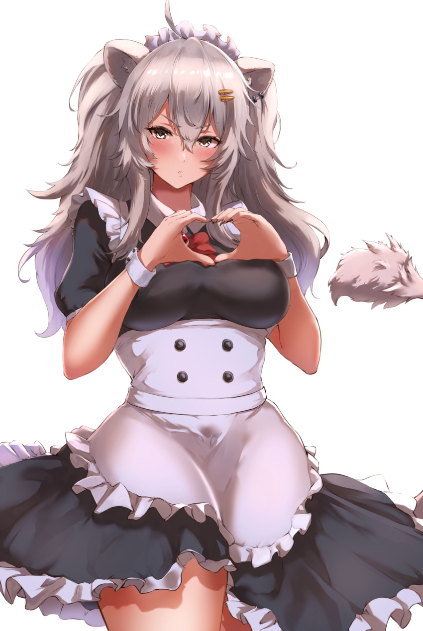 1girl ahoge alternate_costume angry animal_ears apron bangs black_dress blush breasts buttons cowboy_shot crossed_legs dress ear_piercing embarrassed enmaided frilled_dress frills grey_eyes hair_between_eyes hair_ornament hairclip heart heart_hands highres hololive jojobirdz large_breasts lion_ears lion_girl lion_tail long_hair looking_at_viewer maid maid_apron maid_headdress piercing scowl shishiro_botan sidelocks silver_hair simple_background solo tail thick_thighs thighs two_side_up underbust v-shaped_eyebrows virtual_youtuber white_apron white_background