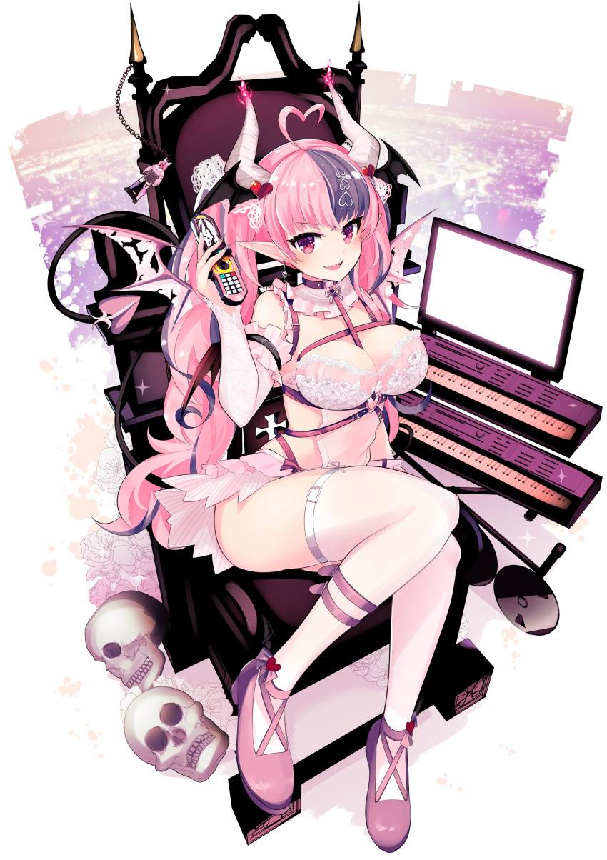 1girl absurdres aho bra demon_girl demon_horns demon_tail demon_wings hair_ornament heart heart_hair_ornament highres holding holding_phone horns instrument ironmouse keyboard_(instrument) long_hair multicolored_hair official_alternate_costume open_mouth phone pink_bra pink_hair pointy_ears purple_footwear purple_hair sitting skull smile solo streaked_hair tail thigh-highs twintails underwear v-shaped_eyebrows vshojo wings
