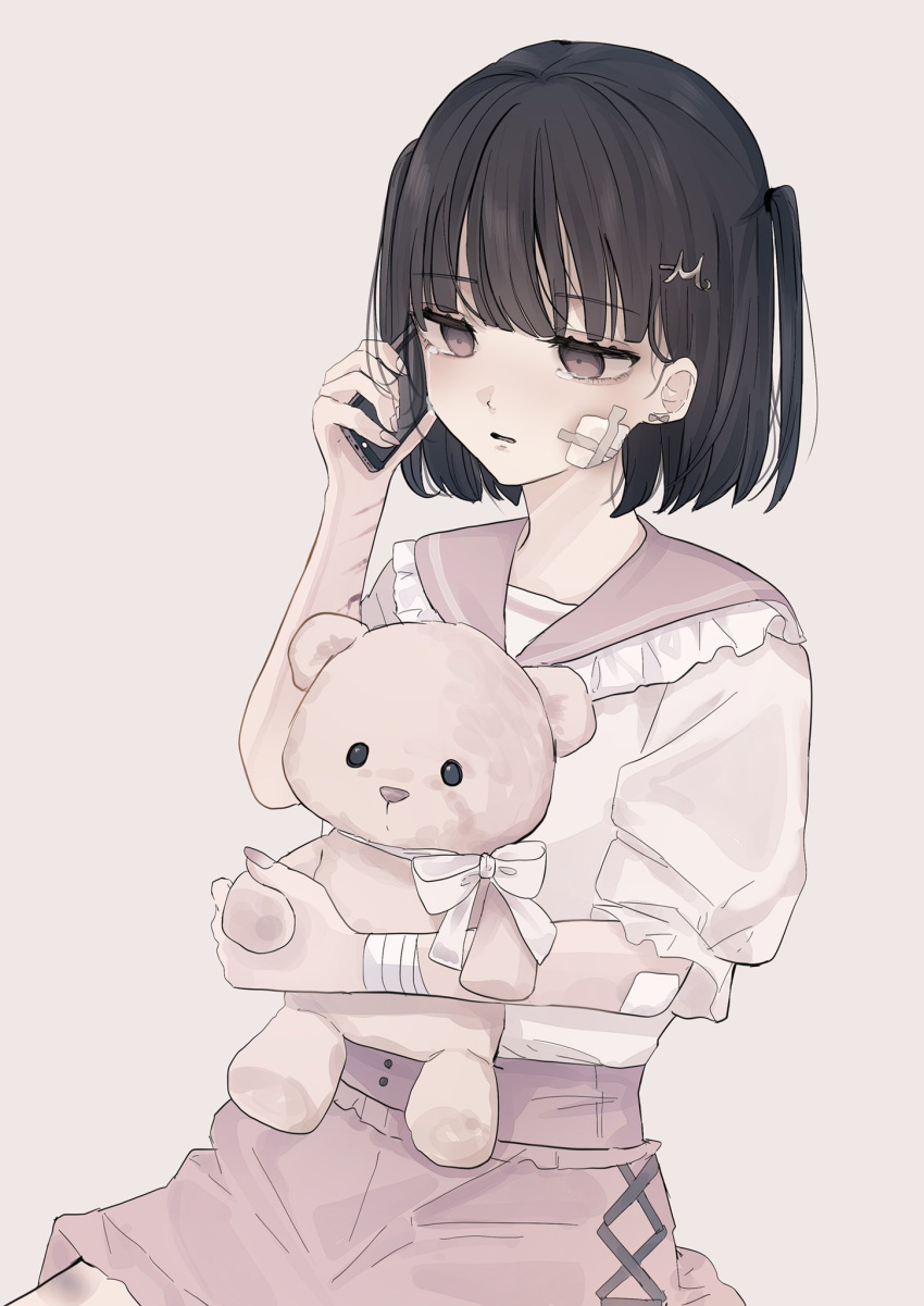 1girl bandaged_arm bandages bangs black_hair bow brown_eyes brown_sailor_collar brown_skirt cellphone commentary_request cuts eyebrows_visible_through_hair frilled_sailor_collar frills grey_background hair_ornament hairclip highres holding holding_phone injury looking_away object_hug original parted_lips phone puffy_short_sleeves puffy_sleeves sailor_collar school_uniform serafuku shirt short_sleeves simple_background sitting skirt solo stuffed_animal stuffed_toy tears teddy_bear tsuruse two_side_up white_bow white_shirt