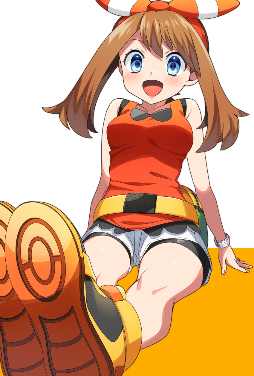 1girl :d bangs bare_arms bike_shorts blue_eyes blush bow_hairband bracelet breasts brown_hair commentary_request eyelashes hair_between_eyes hairband highres jewelry knees long_hair looking_at_viewer may_(pokemon) open_mouth orange_hairband pokemon pokemon_(game) pokemon_oras shirt shoe_soles shoes shorts sitting sleeveless sleeveless_shirt smile solo tongue white_shorts yellow_footwear yuihico