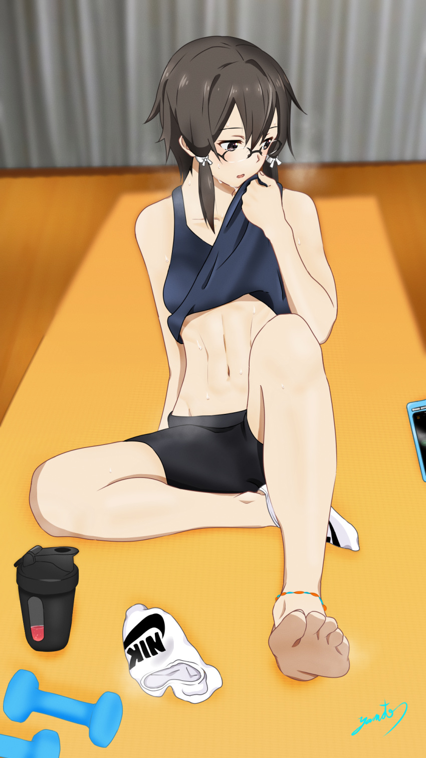 1girl abs asada_shino barefoot bike_shorts black_shirt black_shorts brown_eyes brown_hair clothes_lift collarbone full_body glasses hair_between_eyes highres indoors long_hair nike open_mouth shiny shiny_hair shirt shirt_lift short_shorts shorts sidelocks signature sitting sleeveless sleeveless_shirt soles solo swat sword_art_online yaato_(yamato99725444)