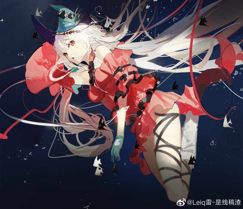 1girl aqua_gloves aqua_headwear arknights arm_behind_head bangs bare_legs bare_shoulders black_ribbon boots breasts chinese_commentary clothing_cutout commentary_request dress feet_out_of_frame folded_leg from_side gloves highres leg_ribbon leiq_lei-shi_xian_gao_zha long_hair long_sleeves looking_at_viewer looking_to_the_side medium_breasts navel navel_cutout off-shoulder_dress off_shoulder open_mouth parted_lips red_dress red_eyes ribbon short_dress silver_hair skadi_(arknights) skadi_the_corrupting_heart_(arknights) solo thighs underwater very_long_hair weibo_username white_footwear wide_sleeves