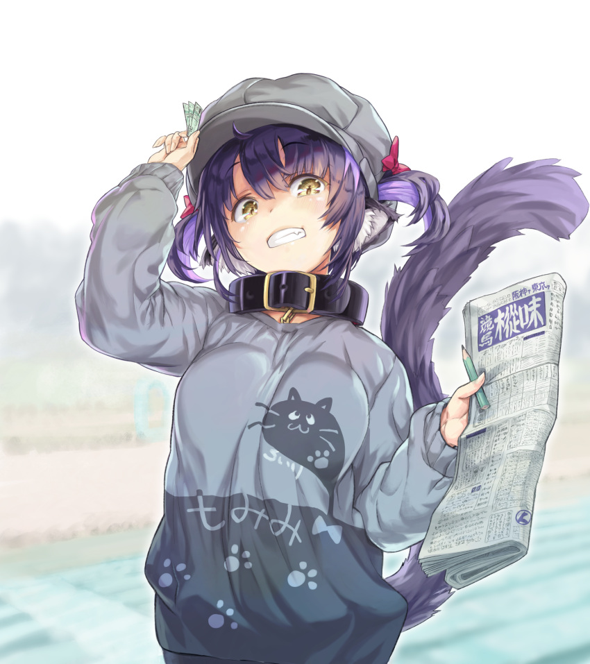 1girl animal_ear_fluff animal_ears arm_up bangs black_collar blurry blurry_background blush breasts cabbie_hat clenched_teeth collar depth_of_field eyebrows_visible_through_hair grey_headwear grey_shirt hair_between_eyes hair_through_headwear hat highres holding indie_virtual_youtuber kiyama_satoshi kuroike_momimi long_sleeves looking_at_viewer medium_breasts newspaper pen puffy_long_sleeves puffy_sleeves purple_hair shirt sleeves_past_wrists solo tail tail_raised teeth twintails virtual_youtuber yellow_eyes