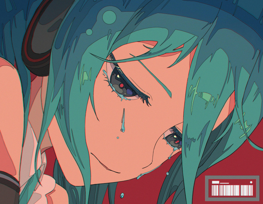1girl absurdres aqua_eyes aqua_hair aqua_neckwear arms_at_sides bangs barcode bare_shoulders black_outline chromatic_aberration close-up collared_shirt colored_eyelashes crying crying_with_eyes_open detached_sleeves expressionless eyelashes face facing_viewer half-closed_eyes hatsune_miku hatsune_miku_(nt) head_down headset highres jitome looking_down mori_(user_gdnz7828) necktie outline parted_lips piapro red_background sad shiny shiny_hair shirt simple_background sleeveless sleeveless_shirt solo streaming_tears tears vocaloid white_shirt