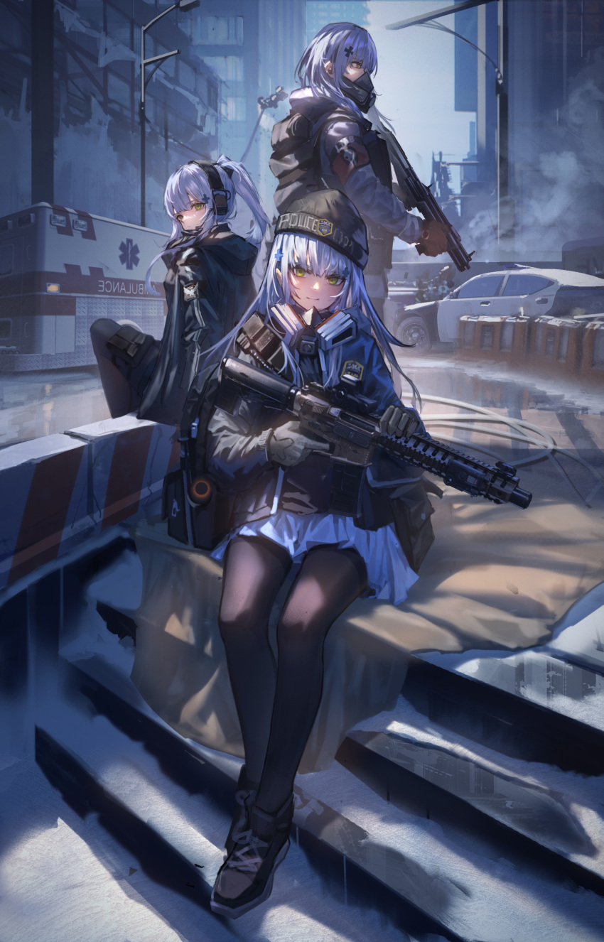 absurdres agent_416_(girls_frontline) bangs black_legwear blunt_bangs car city crossover doren expressionless eyebrows_visible_through_hair full_body gas_mask girls_frontline gloves green_eyes ground_vehicle gun hair_ornament hat headphones highres hk416_(fang)_(girls_frontline) hk416_(girls_frontline) holding holding_gun holding_weapon jacket long_hair looking_ahead looking_at_viewer looking_to_the_side motor_vehicle official_alternate_costume pantyhose red_gloves rifle silver_hair sitting skirt smile standing tom_clancy's_the_division weapon winter_uniform