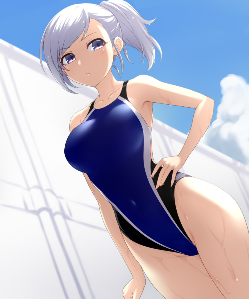 1girl blue_sky blue_swimsuit breasts clouds collarbone commentary_request competition_swimsuit covered_navel cowboy_shot grey_eyes hand_on_hip highres large_breasts long_hair looking_at_viewer one-piece_swimsuit original pataneet ponytail silver_hair sky solo swimsuit wet