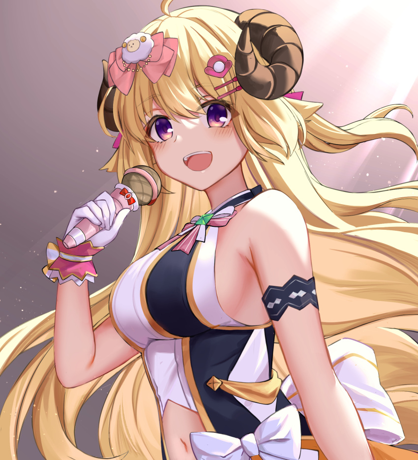 1girl arm_strap bangs blonde_hair bow breasts eyebrows_visible_through_hair gloves hair_ornament halter_top halterneck highres holding holding_microphone hololive horns idol_clothes long_hair medium_breasts microphone navel pink_bow sheep_hair_ornament sheep_horns sideboob solo touri_tarou_(misconception) tsunomaki_watame violet_eyes virtual_youtuber white_gloves wrist_cuffs
