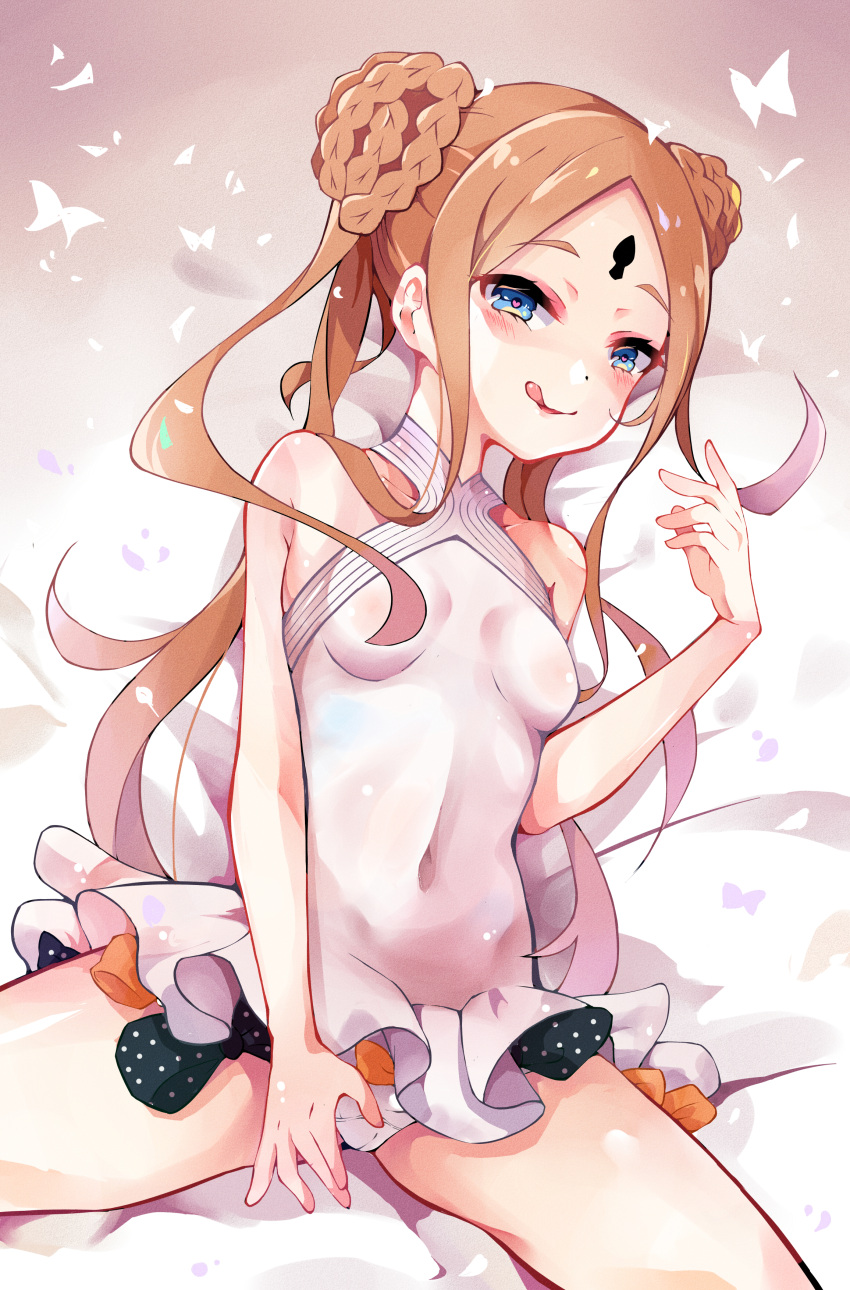 1girl abigail_williams_(fate) abigail_williams_(swimsuit_foreigner)_(fate) absurdres artist_request bangs bare_shoulders black_bow blonde_hair blue_eyes blush bow braid braided_bun breasts covered_navel double_bun dress_swimsuit fate/grand_order fate_(series) forehead highres keyhole licking_lips long_hair looking_at_viewer multiple_bows orange_bow parted_bangs sidelocks small_breasts smile solo swimsuit tongue tongue_out twintails very_long_hair white_swimsuit