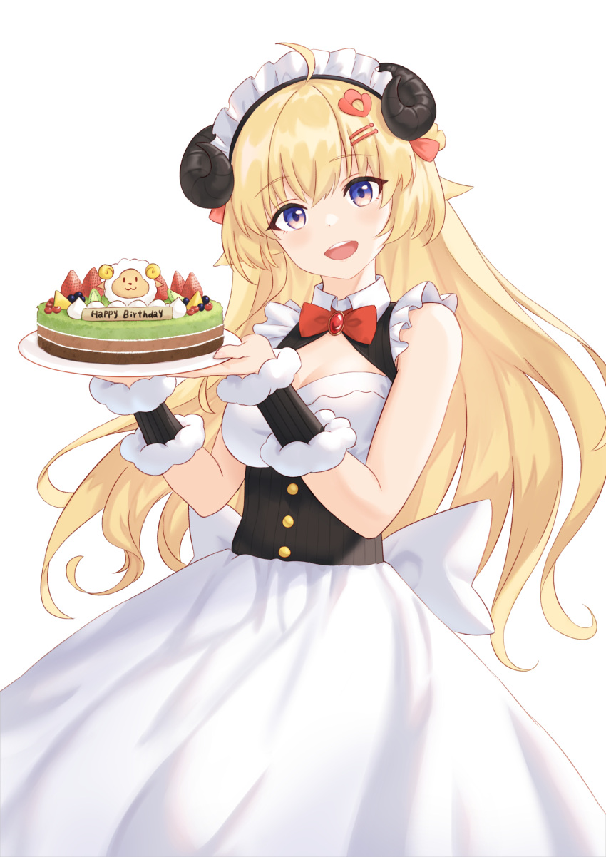 absurdres ahoge animal_ears back_bow bangs blonde_hair blush bow bowtie cake commentary_request dress eyebrows_visible_through_hair food hair_between_eyes hair_ornament hairclip happy_birthday head_tilt highres holding holding_plate hololive horns jiu_fanglianhua long_hair looking_at_viewer maid maid_headdress open_mouth plate red_neckwear sheep_ears sheep_girl sheep_horns sidelocks simple_background sleeveless sleeveless_dress tsunomaki_watame violet_eyes virtual_youtuber white_background white_dress wrist_cuffs