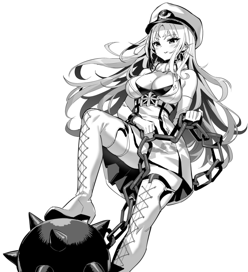 1girl azur_lane bangs bare_shoulders boots breasts chain cross-laced_footwear dress fur_trim gloves greyscale hat high_heel_boots high_heels highres hori_(hori_no_su) lace-up_boots large_breasts long_hair looking_down military_hat mole mole_on_breast monochrome multicolored_hair parted_bangs short_dress smile spikes stepping streaked_hair tallinn_(azur_lane) white_gloves
