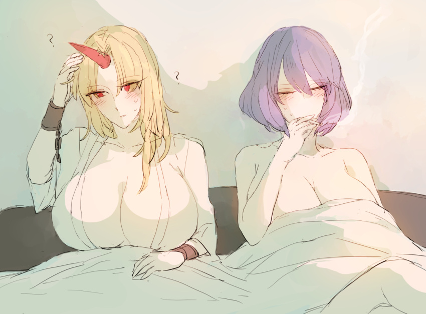 2girls ? after_sex bangs bed bed_sheet bedroom blonde_hair blush breasts bura chain cigarette closed_eyes closed_mouth cuffs duplicate horns hoshiguma_yuugi indoors japanese_clothes kimono large_breasts long_hair meme multiple_girls oni parted_bangs parted_lips pixel-perfect_duplicate purple_hair red_eyes shackles short_hair single_horn smoking sweat touhou yasaka_kanako yuri