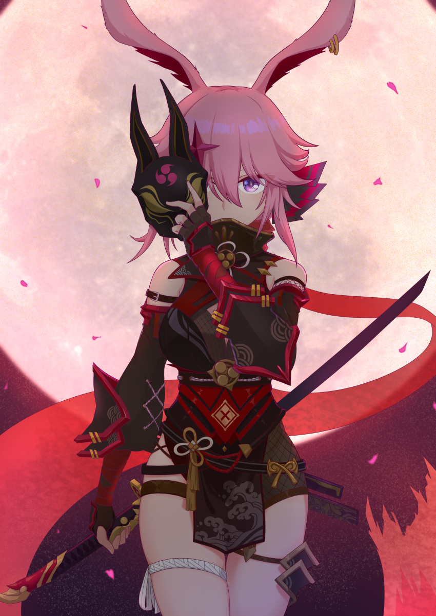 1girl absurdres animal_ears fox_ears fox_mask highres holding holding_weapon honkai_(series) honkai_impact_3rd katana looking_at_viewer mask moon night night_sky ninja petals pink_hair red_moon sky solo sword tian_shrimp violet_eyes weapon yae_kasumi yae_sakura yae_sakura_(darkbolt_jonin)