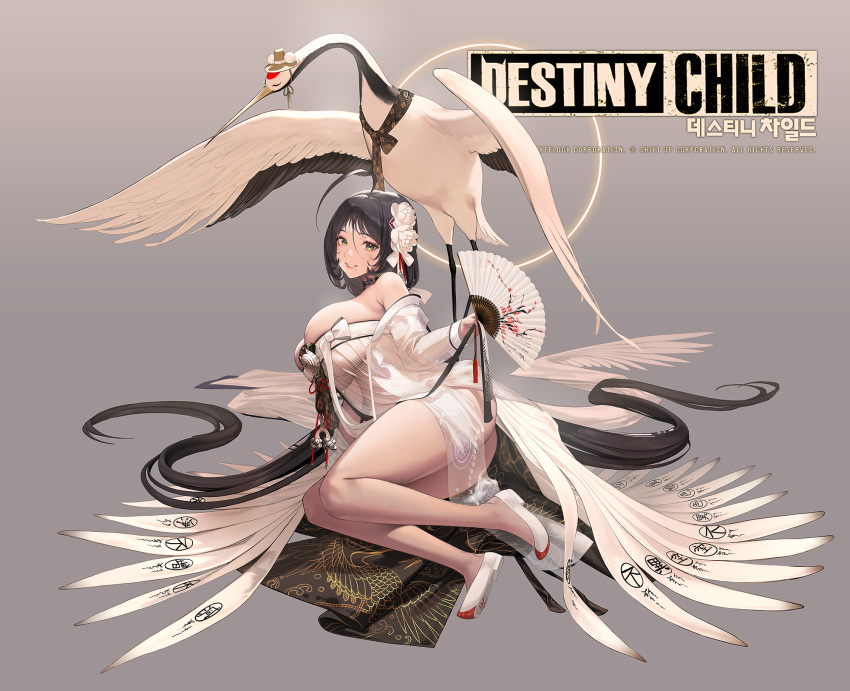 1girl ahoge all_fours bangs bare_shoulders bari_(destiny_child) bird black_hair breasts copyright_name destiny_child detached_sleeves dress fan full_body hair_ornament highres holding holding_fan korean_text large_breasts logo long_hair looking_at_viewer mole mole_under_mouth official_art shoe_soles smile solo strapless strapless_dress very_long_hair white_dress yellow_eyes zig90