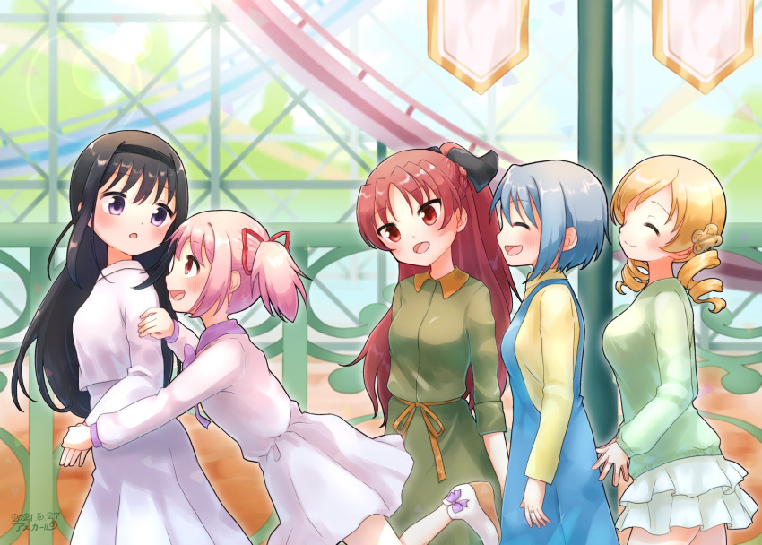 5girls akemi_homura asukaru_(magika_ru) black_hair blue_eyes blue_hair hairband highres kaname_madoka long_hair mahou_shoujo_madoka_magica miki_sayaka multiple_girls open_mouth pink_hair ponytail red_eyes redhead sakura_kyouko short_hair smile twintails violet_eyes