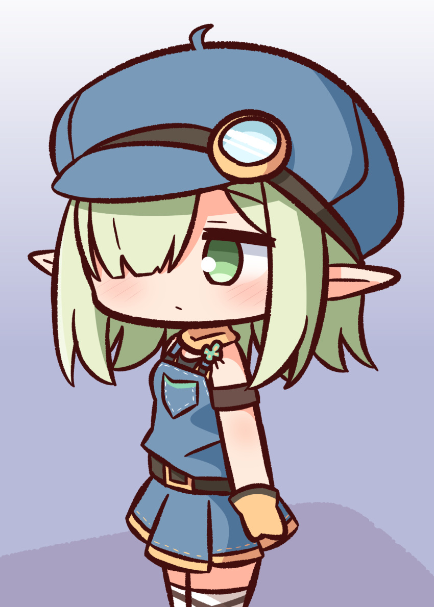 1girl aoi_(princess_connect!) bangs bare_shoulders black_shirt blue_headwear blush brown_gloves cabbie_hat chibi closed_mouth commentary_request eyebrows_visible_through_hair gloves green_eyes green_hair hair_over_one_eye hana_kazari hat highres looking_away overall_skirt pointy_ears princess_connect! shirt solo standing thigh-highs white_legwear