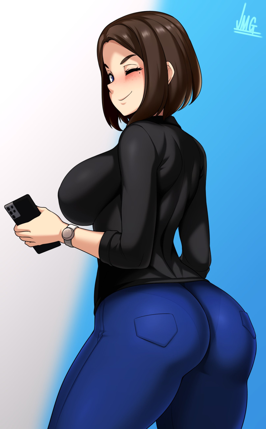 1girl absurdres ass black_shirt blue_background blue_eyes blue_nails blue_pants blush breasts brown_hair closed_mouth commentary denim freckles from_behind highres holding holding_phone jeans jmg looking_at_viewer mole mole_under_eye nail_polish one_eye_closed pants pantylines phone samsung samsung_sam shirt short_hair sideboob smile solo two-tone_background white_background