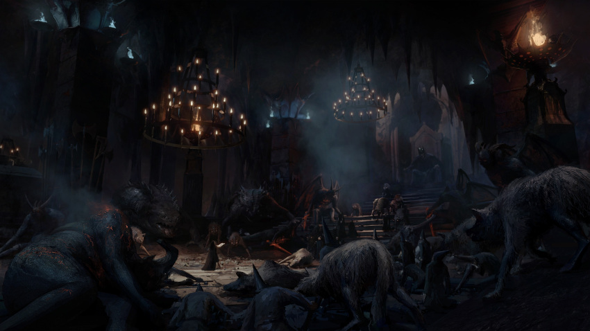 1girl absurdres balrog_(lord_of_the_rings) chandelier commentary crown dark dragon english_commentary fire highres legendarium luthien monster morgoth pete_amachree the_silmarillion throne throne_room wolf