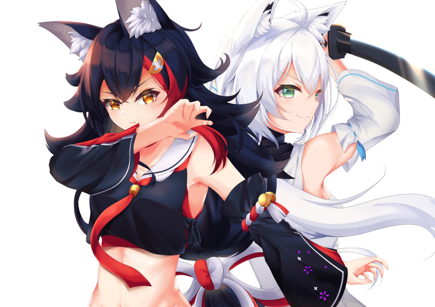 2girls absurdres ahoge animal_ear_fluff animal_ears arms_up back-to-back bangs black_hair black_shirt blue_neckwear breasts claw_pose crop_top detached_sleeves eyebrows_visible_through_hair fox_ears fox_girl green_eyes hair_between_eyes hair_ornament hairclip highlights highres holding holding_sword holding_weapon hololive hololive_alternative hood hoodie huge_filesize katana looking_at_viewer medium_breasts midriff multicolored_hair multiple_girls navel neckerchief ookami_mio outstretched_arm red_neckwear redhead shiinochi shirakami_fubuki shirt sidelocks simple_background small_breasts smile sword two-tone_hair upper_body virtual_youtuber weapon white_background white_hair white_hoodie wolf_ears wolf_girl yellow_eyes