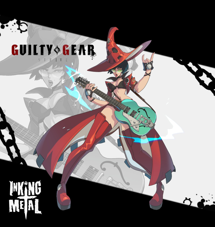 absurdres black_hair boots choker electric_guitar fighting_game fingerless_gloves gloves guilty_gear guilty_gear_strive guitar hat highres i-no inkingmetal instrument jacket large_hat red_jacket red_legwear shiny shiny_clothes shiny_legwear short_hair sunglasses thigh-highs thigh_boots tinted_eyewear venus_symbol video_game witch_hat