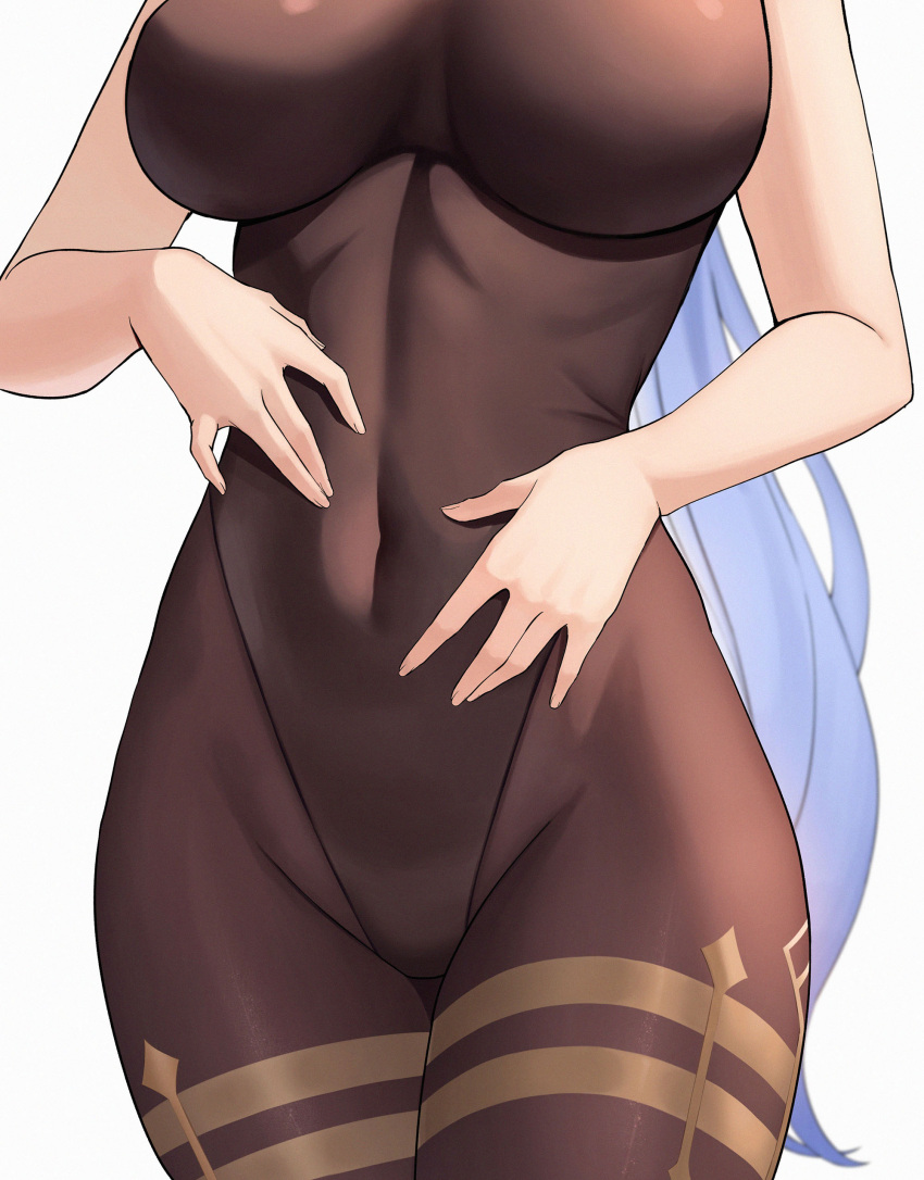 1girl absurdres bare_arms black_leotard blue_hair breasts brown_legwear commentary covered_navel cowboy_shot fingernails ganyu_(genshin_impact) genshin_impact hands_on_own_stomach head_out_of_frame highleg highleg_leotard highres impossible_clothes large_breasts leotard long_hair pantyhose simple_background skin_tight solo sp123 standing thigh_gap very_long_hair white_background