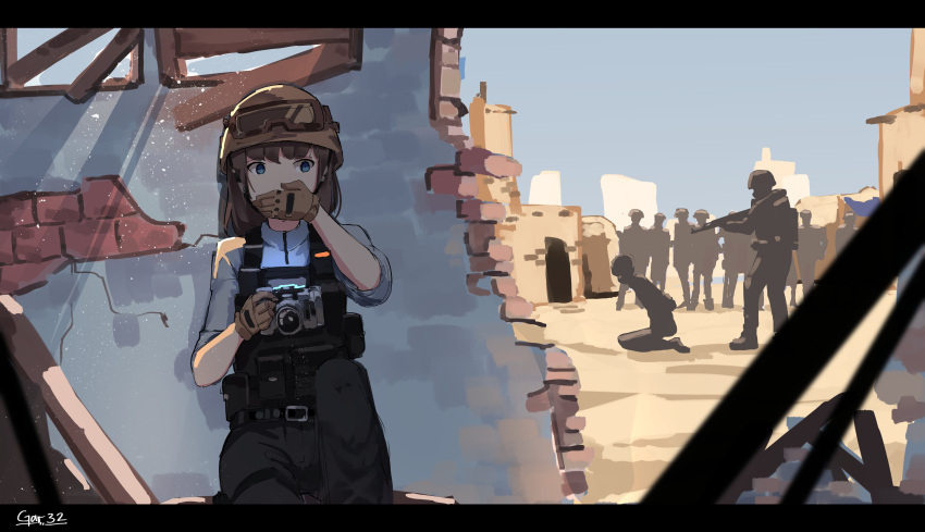 1girl absurdres black_pants blue_eyes brown_gloves brown_hair bulletproof_vest camera camouflage_helmet commentary covering_mouth execution gar32 gloves grey_shirt helmet hiding highres holding holding_camera letterboxed original pants people shirt signature soldier wide-eyed