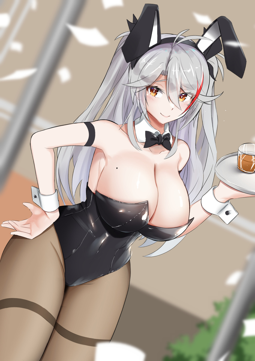 1girl absurdres alternate_breast_size alternate_costume animal_ears azur_lane bare_shoulders black_leotard blurry blurry_background breasts brown_legwear detached_collar dutch_angle eyebrows_visible_through_hair fake_animal_ears highres holding holding_tray huge_breasts j_yak47 leotard looking_at_viewer mole mole_on_breast multicolored_hair orange_eyes pantyhose playboy_bunny prinz_eugen_(azur_lane) rabbit_ears redhead shiny shiny_skin silver_hair smile solo strapless strapless_leotard streaked_hair thighband_pantyhose tray two-tone_hair wrist_cuffs