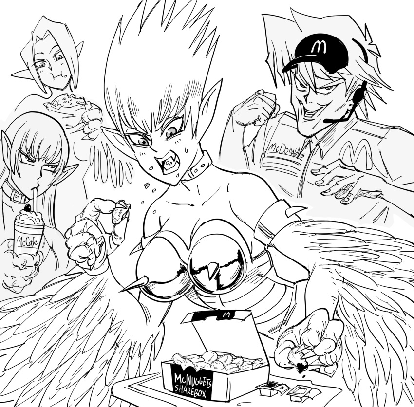 1boy 3girls armlet bare_shoulders bb_(baalbuddy) breasts burger chicken_nuggets claws collar commentary cup dipping drinking drinking_straw duel_monster eating english_commentary fangs food food_bite frappuccino harpie_lady_#1 harpie_lady_#2 harpie_lady_#3 harpie_lady_sisters harpy hat headset highres holding holding_cup jounouchi_katsuya ketchup mcdonald's monochrome monster_girl multiple_girls pointy_ears short_hair spiked_armlet spiked_armor spiky_hair winged_arms yu-gi-oh!