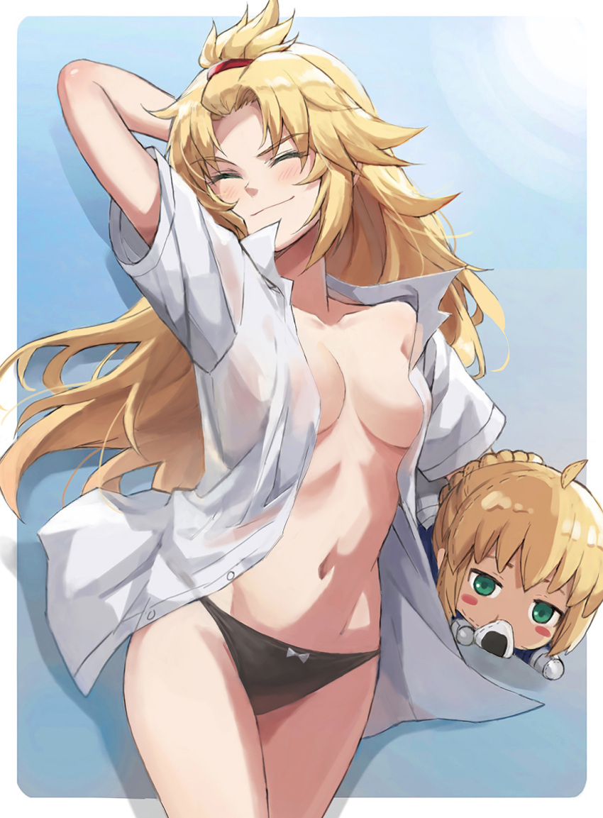 1girl ahoge arm_behind_head arm_up artoria_pendragon_(all) bangs black_panties blonde_eyebrows blonde_hair blue_background blush blush_stickers border bow_panties breasts breasts_apart character_doll closed_eyes closed_mouth collarbone collared_shirt commentary_request eyebrows eyebrows_visible_through_hair fang fang_out fate/apocrypha fate/stay_night fate_(series) food forehead gradient gradient_background green_eyes hair hair_down hair_pulled_back highres legs legs_together long_hair mordred_(fate) mordred_(fate)_(all) mouth navel nesoberi no_bra onigiri open_clothes open_shirt panties parted_bangs photoshop_(medium) saber shirt short_sleeves small_breasts solo stuffed_toy thighs thighs_together tonee unbuttoned_shirt underwear white_border white_shirt
