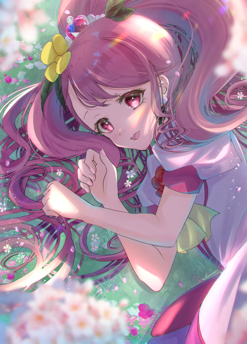 1girl :d absurdres blurry blurry_foreground cure_grace dress earrings flower grass hair_flower hair_ornament healin'_good_precure heart heart_hair_ornament highres jewelry long_hair lying minccino7 on_side open_mouth pink_hair precure red_eyes red_flower red_rose rose scarf short_sleeves smile solo very_long_hair white_dress white_flower yellow_flower yellow_scarf