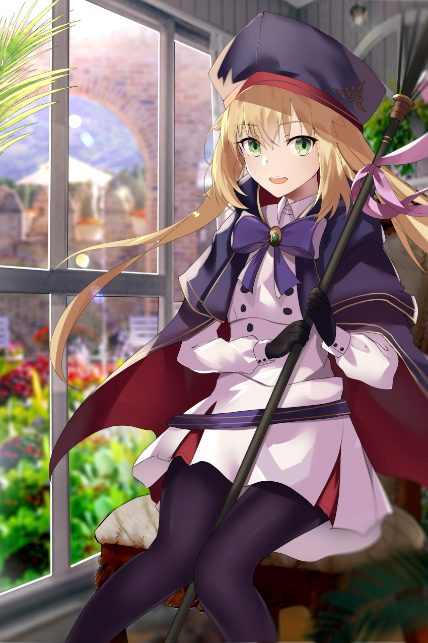 1girl absurdres artoria_pendragon_(all) artoria_pendragon_(caster)_(fate) bangs belt beret black_gloves black_legwear blonde_hair blue_cape blue_headwear blush breasts buttons cape double-breasted dress fate/grand_order fate_(series) gloves green_eyes hat highres holding holding_staff hood hooded_cape long_hair long_sleeves looking_at_viewer multicolored multicolored_cape multicolored_clothes musicatopos open_mouth pantyhose red_cape small_breasts smile solo staff thighs twintails white_dress