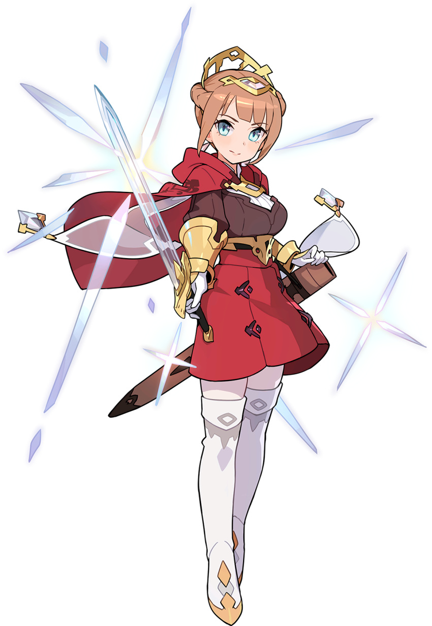 1girl artist_request bangs belt blue_eyes blush boots braid breasts brown_shirt cape closed_mouth crown_braid crystal earrings full_body glint gloves gold gold_trim high-waist_skirt highres holding holding_sword holding_weapon jewelry light_blush lilith_(world_flipper) long_sleeves looking_at_viewer medium_breasts miniskirt non-web_source official_art pantyhose pencil_skirt red_cape red_skirt sheath shiny shiny_hair shirt shirt_tucked_in sidelocks single_braid single_earring skirt solo standing sword thigh-highs thigh_boots tiara transparent transparent_background vambraces weapon white_footwear white_gloves white_legwear world_flipper yellow_headwear