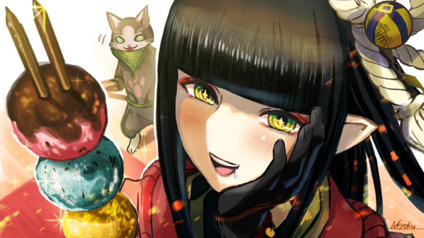 +_+ 1girl :d artist_name bangs black_gloves black_hair blunt_bangs blush cat dango drooling eyeshadow feweryen food gloves green_eyes hair_ornament hand_on_own_cheek hand_on_own_face hinoa looking_at_viewer makeup making-of_available melynx monster_hunter_(series) monster_hunter_rise open_mouth pointy_ears red_eyeshadow saliva smile teeth wagashi