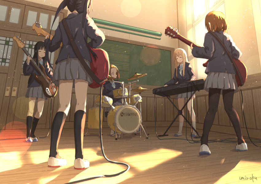 5girls akiyama_mio bangs bass_guitar black_hair black_legwear blonde_hair blue_neckwear blunt_bangs blush brown_hair chalkboard closed_eyes closed_mouth collared_shirt commentary_request day drum drumsticks electric_guitar from_behind full_body grey_skirt guitar hairband hime_cut hirasawa_yui indoors instrument k-on! keyboard_(instrument) kneehighs kotobuki_tsumugi lens_flare long_hair long_sleeves looking_at_another multiple_girls nakano_azusa neck_ribbon pantyhose pleated_skirt ribbon sakuragaoka_high_school_uniform school_uniform shadow shirt short_hair sidelocks signature sitting skirt smile socks standing sunlight tainaka_ritsu thick_eyebrows twintails umiroku upper_body white_legwear white_shirt window yamaha