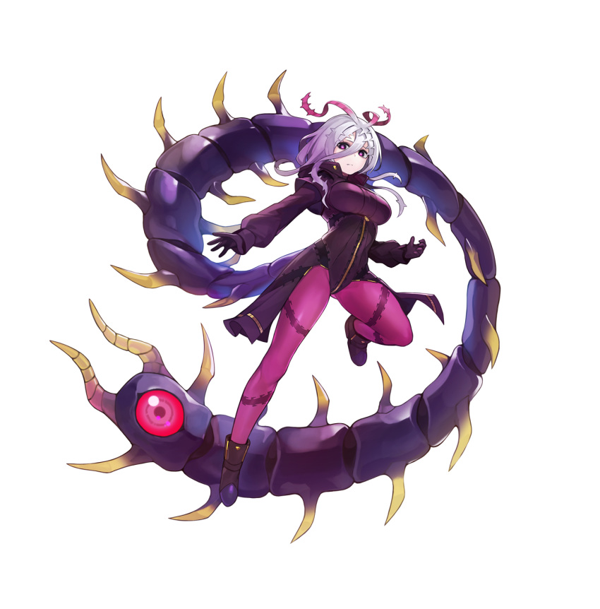 1girl antenna_hair arthropod_girl baniran_dorosu breasts bug carapace centipede centipede_girl commentary_request extra_eyes full_body gradient_hair hair_between_eyes highres large_breasts looking_at_viewer medium_hair monster_girl multicolored_hair original pantyhose personification purple_hair solo tail third_eye two-tone_hair violet_eyes white_background white_hair zipper