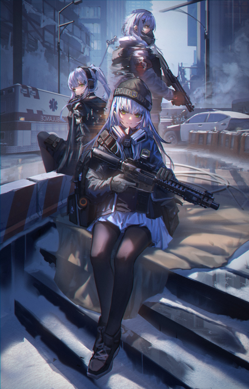 absurdres agent_416_(girls_frontline) bangs black_legwear blunt_bangs car city crossover distortion doren expressionless eyebrows_visible_through_hair full_body gas_mask girls_frontline gloves green_eyes ground_vehicle gun hair_ornament hat headphones highres hk416_(fang)_(girls_frontline) hk416_(girls_frontline) holding holding_gun holding_weapon jacket long_hair looking_ahead looking_at_viewer looking_to_the_side motor_vehicle official_alternate_costume pantyhose red_gloves rifle silver_hair sitting skirt smile standing tom_clancy's_the_division weapon winter_uniform