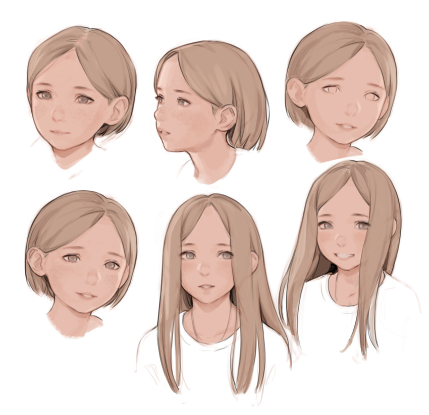 1girl absurdres alternate_hairstyle blonde_hair freckles grey_eyes highres long_hair looking_at_viewer luimiart multiple_views original parted_lips portrait shirt short_hair simple_background smile white_background white_shirt