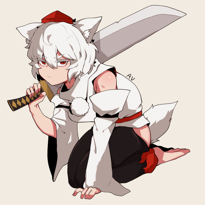 1girl :/ animal_ear_fluff animal_ears bare_shoulders barefoot black_skirt breasts detached_sleeves doro_au grey_background hat highres hip_vent holding holding_sword holding_weapon inubashiri_momiji kneeling looking_at_viewer medium_breasts pom_pom_(clothes) red_eyes short_hair simple_background skirt solo sword tokin_hat touhou v-shaped_eyebrows weapon white_hair wolf_ears