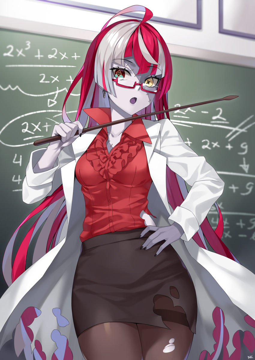 1girl :o absurdres ahoge alternate_costume alternate_hairstyle arm_up bespectacled black_legwear black_nails black_skirt breasts chalkboard colored_skin commentary contrapposto cowboy_shot eyebrows_visible_through_hair fingernails glasses green_eyes grey_skin hand_on_hip heterochromia highres holding holding_pointer hololive hololive_indonesia indoors kureiji_ollie labcoat long_hair math mk_(lazymk) multicolored_hair pantyhose patchwork_skin pencil_skirt pointer rectangular_eyewear red-framed_eyewear red_shirt redhead semi-rimless_eyewear shirt silver_hair skirt small_breasts solo teacher thighband_pantyhose torn_clothes torn_coat torn_legwear torn_skirt under-rim_eyewear very_long_hair virtual_youtuber yellow_eyes