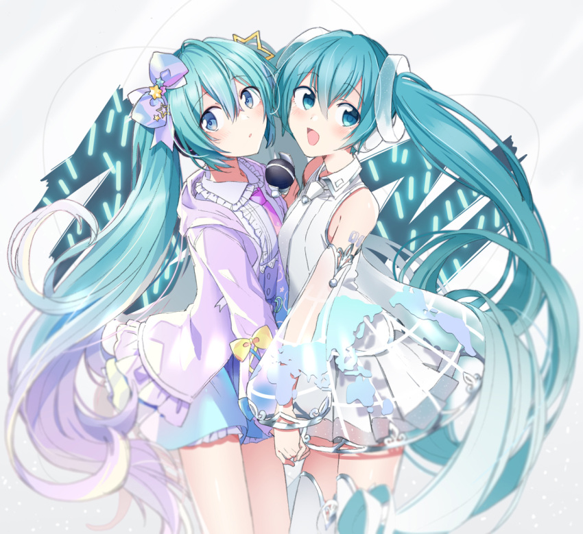 2girls :o agonasubi aqua_eyes aqua_hair bare_shoulders blue_eyes blue_skirt bow commentary detached_sleeves dual_persona frilled_shirt frilled_skirt frills hair_bow hair_ornament hatsune_miku hatsune_miku_expo headphones holding_hands jacket long_hair map_print microphone miniskirt multiple_girls open_mouth penlight pleated_skirt purple_bow purple_jacket see-through_dress see-through_sleeves shirt shoulder_tattoo side-by-side sideways_glance skirt smile star_(symbol) star_hair_ornament tattoo thigh-highs twintails very_long_hair vocaloid white_legwear white_shirt white_skirt