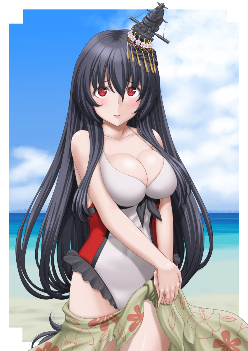 1girl alternate_costume black_hair breasts casual_one-piece_swimsuit covered_navel cowboy_shot frilled_swimsuit frills fusou_(kancolle) hair_ornament highres kantai_collection large_breasts long_hair multicolored multicolored_clothes multicolored_swimsuit one-piece_swimsuit red_eyes red_swimsuit solo standing swimsuit t2r white_swimsuit